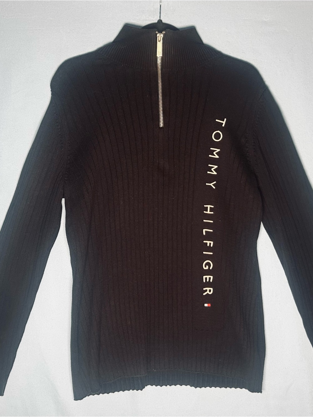 Tommy Hilfiger Men’s Black Ribbed Half-Zip Mock Neck Sweater with Vertical Logo